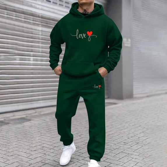 Gamivast Romantic Mens Tracksuit Love Letter Print Hoodie and Sweatpants Set Warm Soft Fleece Lined Outfit for Casual Daily Date Lounge Sporty Wear