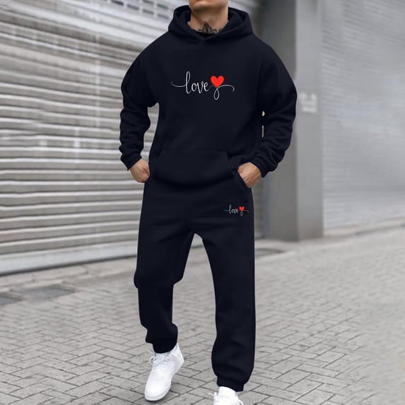 Gamivast Romantic Mens Tracksuit Love Letter Print Hoodie and Sweatpants Set Warm Soft Fleece Lined Outfit for Casual Daily Date Lounge Sporty Wear