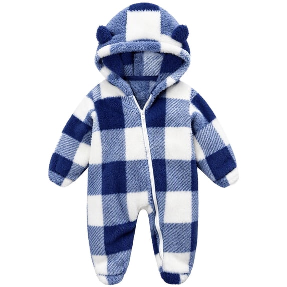 Gamivast Romper Jumpsuit Baby Fleece Plaid Sherpa Winter Snowsuit Toddler Warm Hooded Outerwear with Cute Bear Ears Full Zip Outfit for Infant