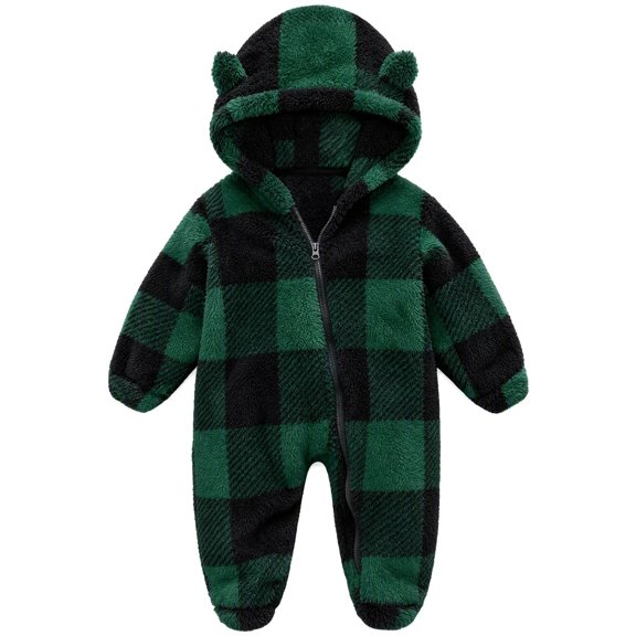 Gamivast Romper Jumpsuit Baby Fleece Plaid Sherpa Winter Snowsuit Toddler Warm Hooded Outerwear with Cute Bear Ears Full Zip Outfit for Infant
