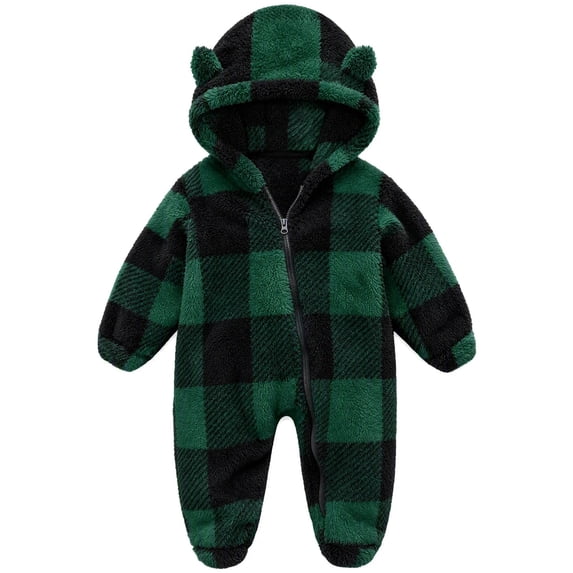 Gamivast Romper Jumpsuit Baby Fleece Plaid Sherpa Winter Snowsuit Toddler Warm Hooded Outerwear with Cute Bear Ears Full Zip Outfit for Infant