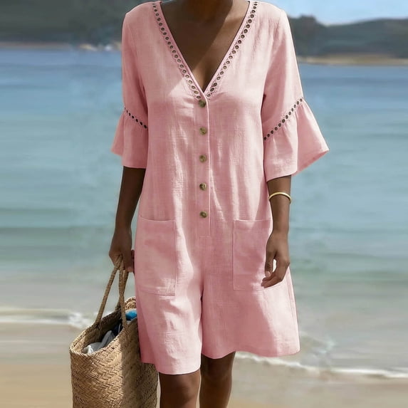 Gamivast Rompers for Women Linen Button Down V Neck Short Sleeve with Pockets Lightweightloose Fit Knee Length Romper Elastic Waist Vacation Beach Resort Summer Wear Pink L