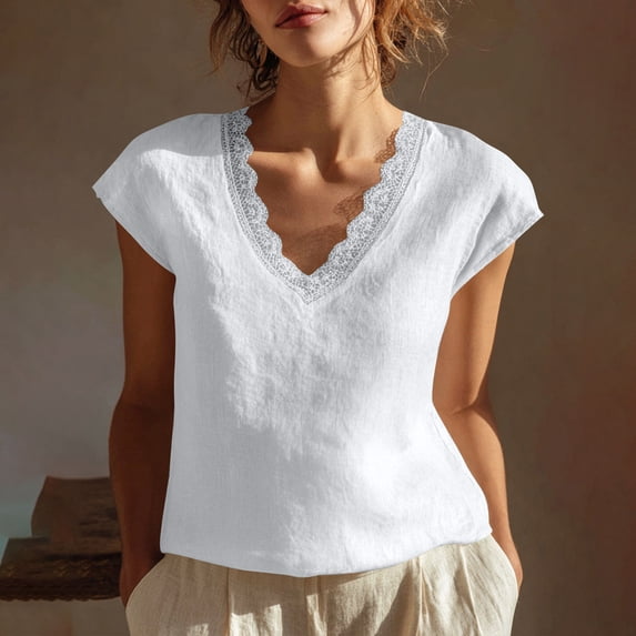 Gamivast Ruffled Blouses for Women Solid Regular Fit V-Neck Short Sleeve Tops Button Down Cute Blouses Frill Trim Summer Date Night Outfits