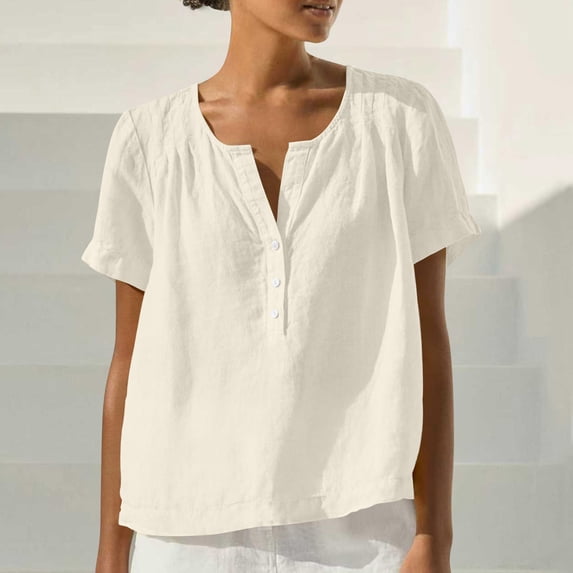 Gamivast Ruffled Blouses for Women Solid Regular Fit V-Neck Short Sleeve Tops Button Down Cute Blouses Frill Trim Summer Date Night Outfits