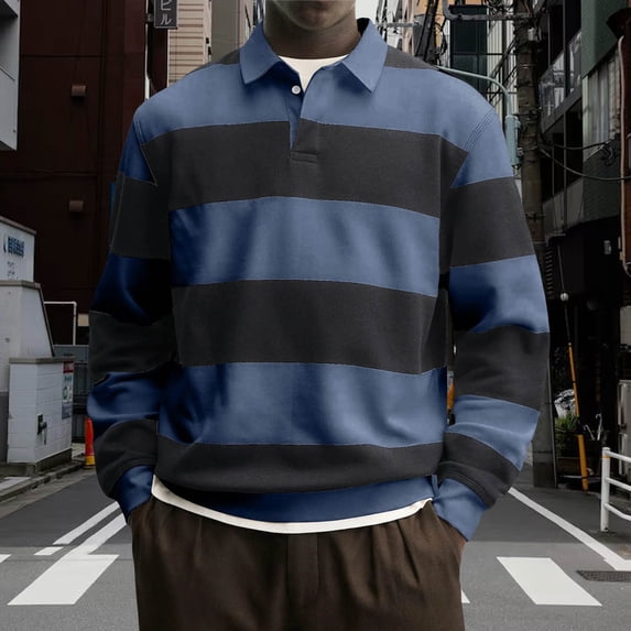 Gamivast Rugby Shirt for Men Collared Shirts Streetwear Striped Breathable Long Sleeve Shirt Navy M