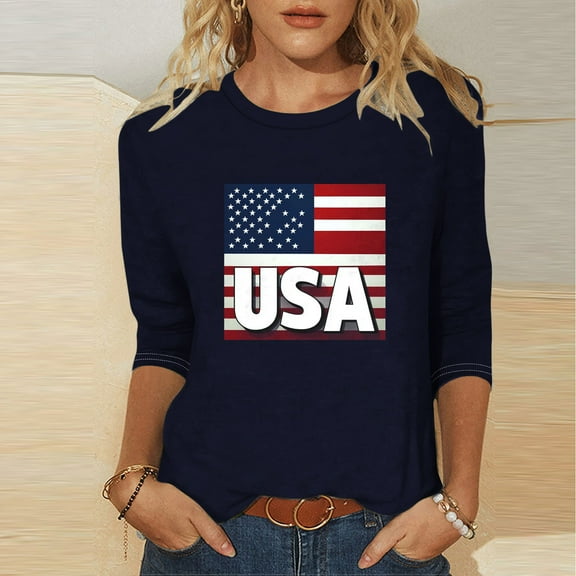 Gamivast or 4Th of July Outfits for Women,3/4 Sleeve Crew Neck T-Shirt Tunic Tops Blouses, Fashion Print Tee Shirt Independence Day Shirts Black S Past