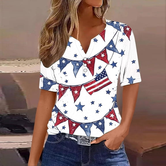 Gamivast or 4th of July Womens 3/4 Sleeve Tops Blouses Dressy Casual Usa Flag Print Graphic Tees Blouses Casual Plus Size Basic Tops Fashion Festival Shirts L Past