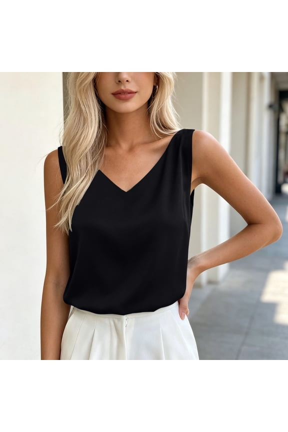 Satin Camisoles for Women V-Neck Sleeveless Tops Casual Silk Tank Shirts Lightweight Elegant Blouses for Women Work Office Party Vacation Summer Clothes Black L