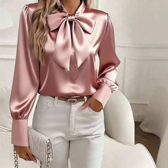 Gamivast Satin Shirts for Women Bow Tie Neck Long Sleeve formal Work Blouse Elegant Satin Solid Color Blouse Casual Dressy Business Tops Spring Outfits