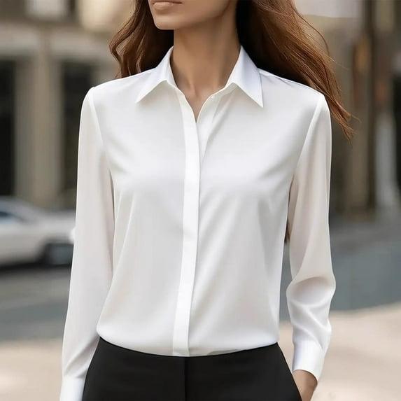 Gamivast Satin Shirts for Women Silk Button Down Lapel Collar Dressy Blouses Business Casual Solid Color Tops Elegant Fitted Work Outfits