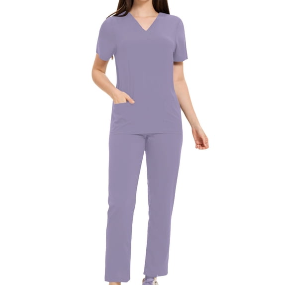 Gamivast Scrub Sets for Women 2 Piece Outfits Straight Leg Elastic Waist Work Pants with Pockets T Yoga V Neck Short Sleeve T Shirts with Pockets Matching Uniform Set Nurse Work Wear