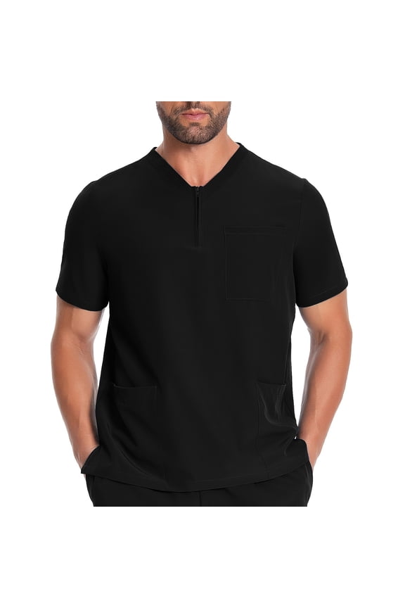 Scrub Tops for Men Zip V Neck Short Sleeve Regular Fit Nursing Tops Chest Pocket Utility Pockets Medical Workwear Uniform outfits