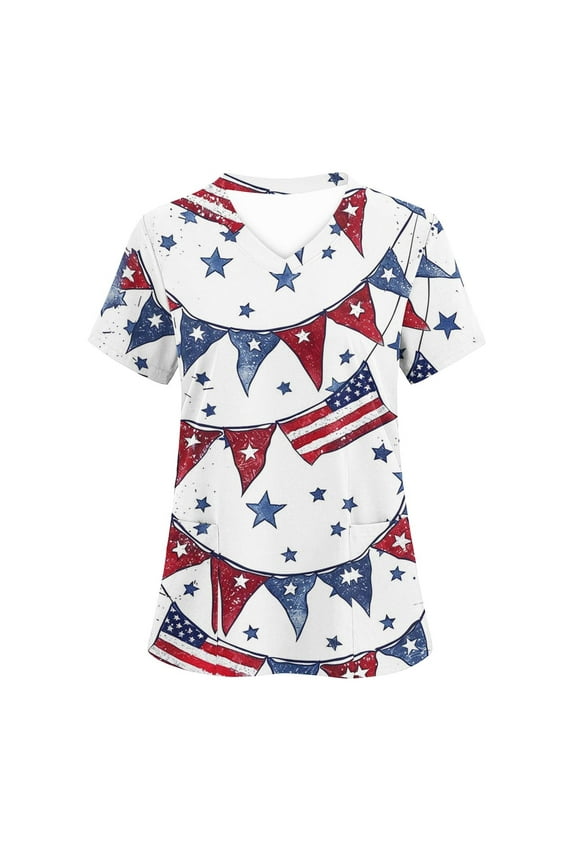 Scrubs for Women Distressed Flag Star Print Short Sleeve Nursing Scrubs Breathable V-Neck Scrub Shirts Relaxed Healthcare Workwear Top