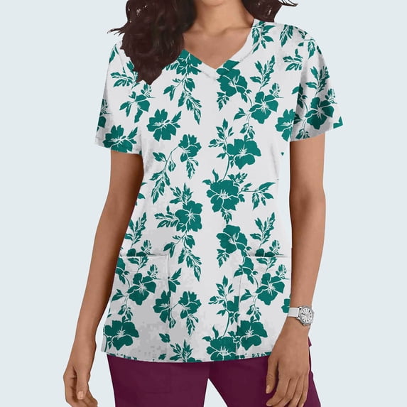 Gamivast Scrubs for Women Floral Branch Print V-Neck Nursing Scrubs Shirts with Pockets Soft Stretch Short Sleeve Breathable Scrub