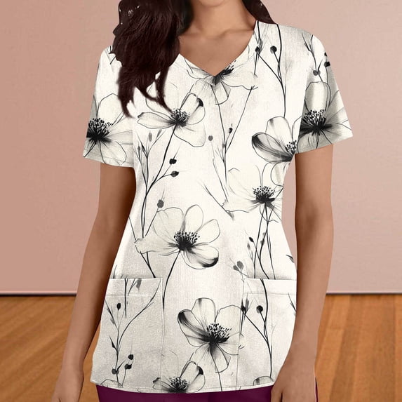 Gamivast Scrubs for Women Floral Print V-Neck Short Sleeve Nursing Scrubs Moisture Wicking Scrub with Pockets Loose Fit Workwear Tops with Pockets