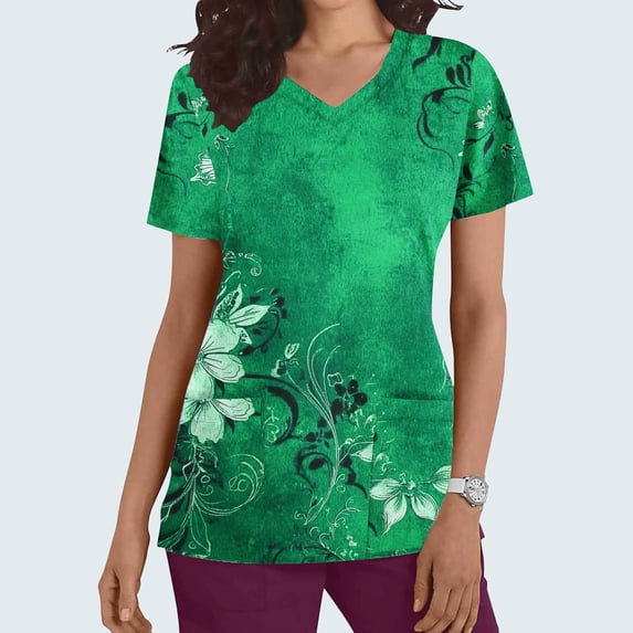 Gamivast Scrubs for Women Loose Fitted Floral Print V-Neck Scrub Short Sleeve Nursing Scrubs with Pockets Soft Stretch Nursing Uniform Top