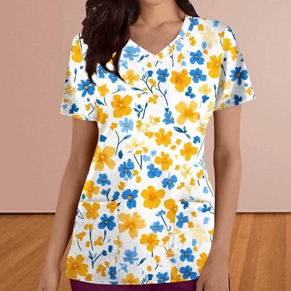 Gamivast Scrubs for Women Print V-Neck Quick-Dry Short Sleeve Nursing Scrubs Moisture Wicking Scrub Loose Fit Healthcare Top