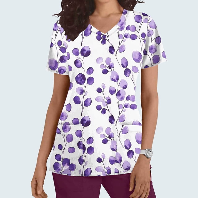 Gamivast Scrubs for Women Print V-Neck Short Sleeve Nursing Scrubs Tops with Pockets Soft Stretch Breathable Scrub Nursing Uniform