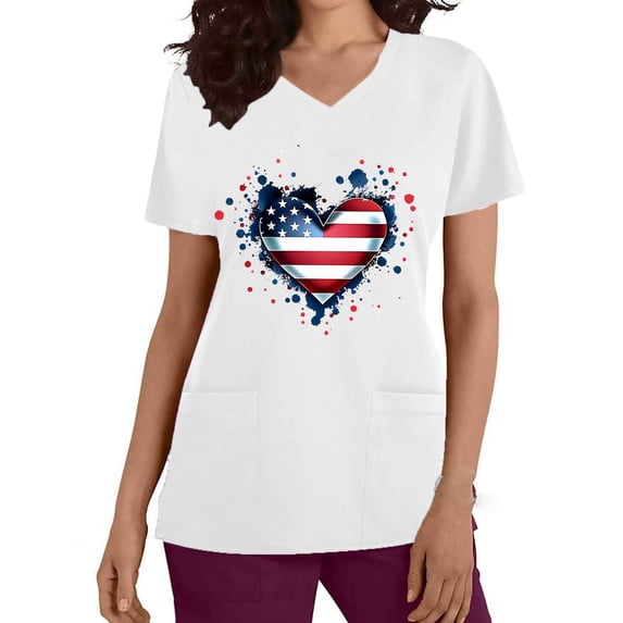 Gamivast Scrubs for Women Usa Flag Heart Print V-Neck Nursing Scrubs Quick-Dry Breathable Scrub Tops Loose Fit Wrinkle Resistant Healthcare Uniform