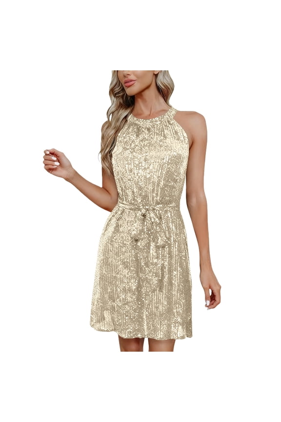 Sequin Dress for Women Halter Neck Sleeveless Mini Dress Tie Waist Sparkly Glitter Party Dress Birthday Night Out Clubwear Evening Gown