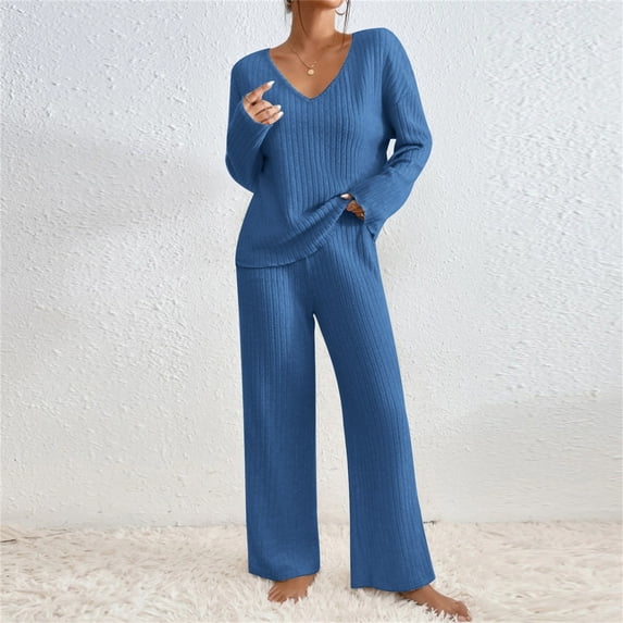 Gamivast Sets Women 2 Piece Outfits Ribbed Knit Lightweight Full Length Wide Leg Lounge Pants V Neck Long Sleeve Top Pull-On Elastic Waist Travel Casual Wear