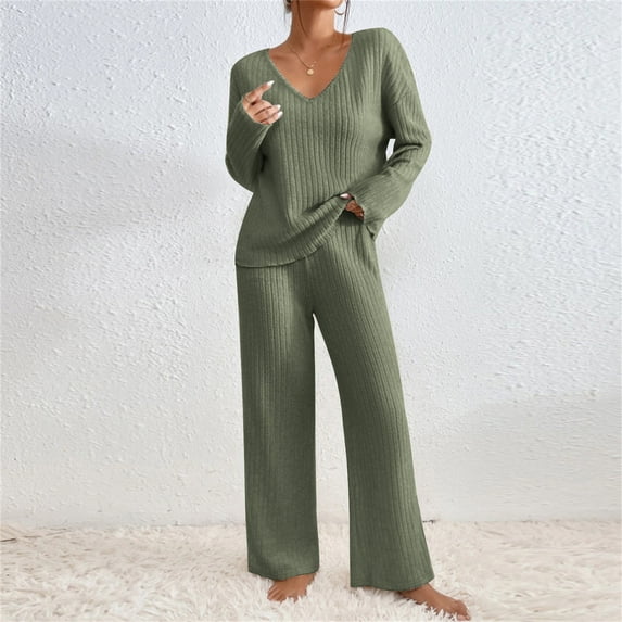 Gamivast Sets Women 2 Piece Outfits Ribbed Knit Lightweight Full Length Wide Leg Lounge Pants V Neck Long Sleeve Top Pull-On Elastic Waist Travel Casual Wear