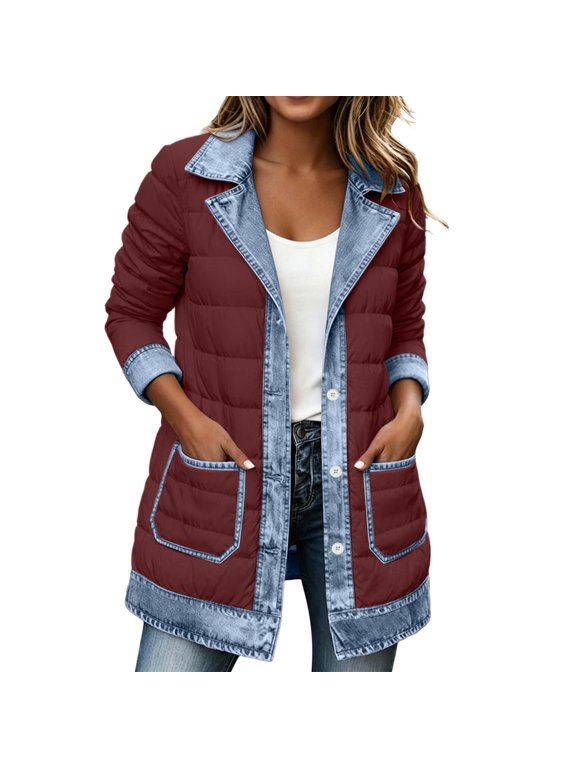 Shacket for Women Quilted Denim Jacket Button Down Padded Coat with Lapel Collar Casual Warm Patchwork Outerwear