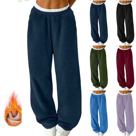 Gamivast Sherpa Fleece Pants Women Loungewear Wide Leg Sweatpants Running Work Out Solid High Waist Trousers Winter Warm Fuzzy Pants Baggy Pajama Bottoms
