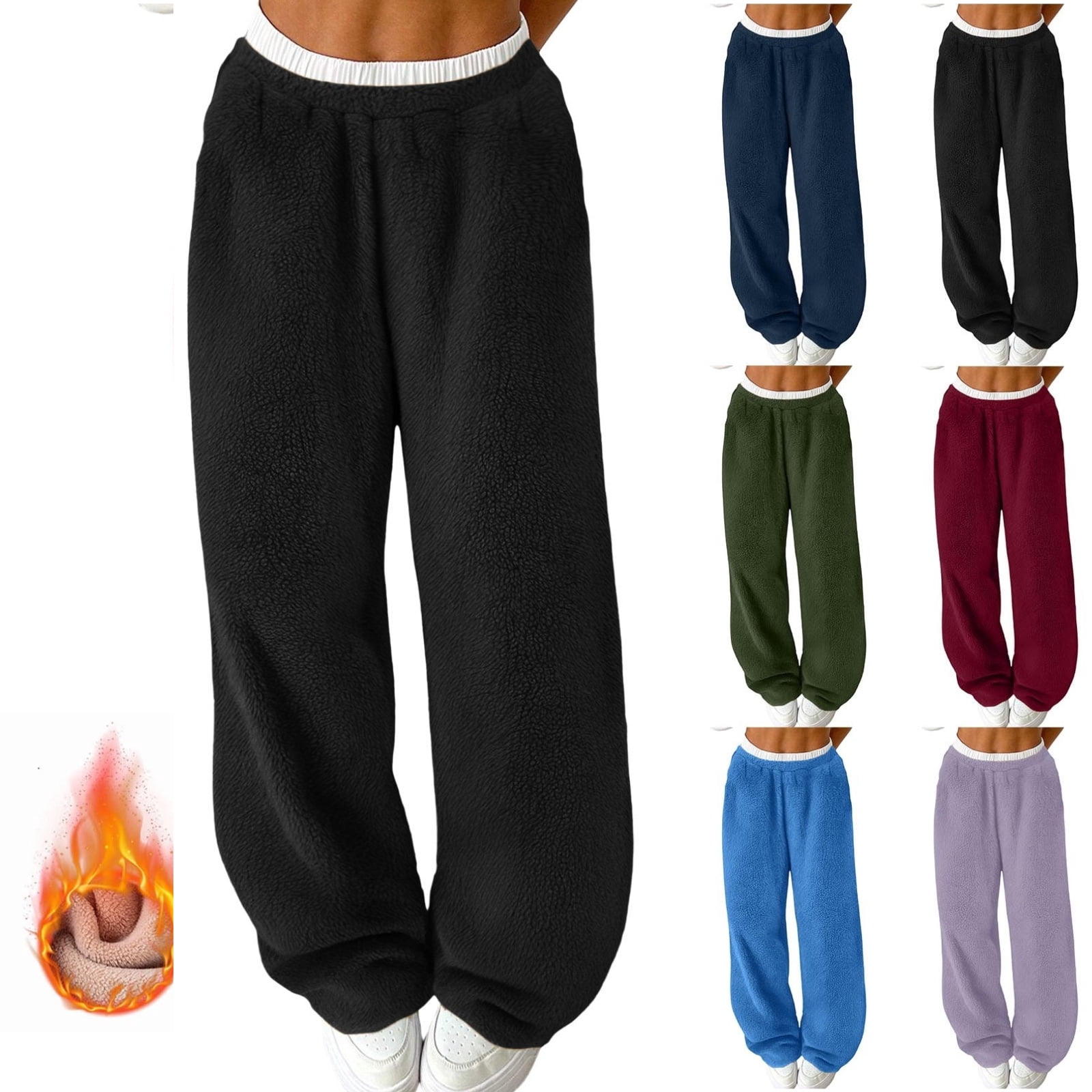 Gamivast Sherpa Fleece Pants Women Loungewear Wide Leg Sweatpants Running Work Out Solid High Waist Trousers Winter Warm Fuzzy Pants Baggy Pajama Bottoms