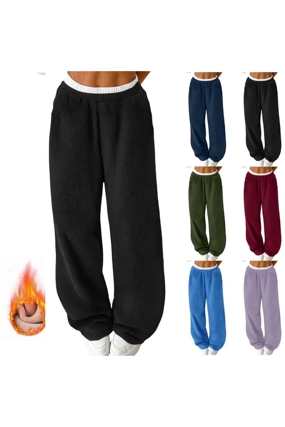 Sherpa Fleece Pants Women Loungewear Wide Leg Sweatpants Running Work Out Solid High Waist Trousers Winter Warm Fuzzy Pants Baggy Pajama Bottoms