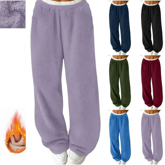 Gamivast Sherpa Fleece Pants Women Loungewear Wide Leg Sweatpants Running Work Out Solid High Waist Trousers Winter Warm Fuzzy Pants Baggy Pajama Bottoms