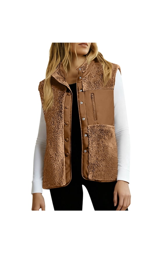 Sherpa Fleece Vest for Women Color Block Stand Collar Snap Button Sleeveless Jacket with Zipper Chest Pocket Warm Casual Layering Outerwear for Fall Winter Travel and Hiking XXL