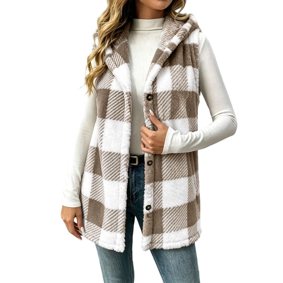 Gamivast Sherpa Vest Cardigan for Women Plaid Hooded Button Down Sleeveless Jacket Buffalo Check Warm Fuzzy Winter Outerwear with Pockets for Casual Layering XL