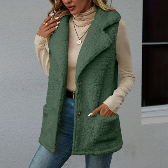 Gamivast Sherpa Vest for Women Trendy Notch Lapel Collar Button Down Fuzzy Fleece Jackets Work Casual Sleeveless Coats with Pockets Comfy Warm Winter Outerwear