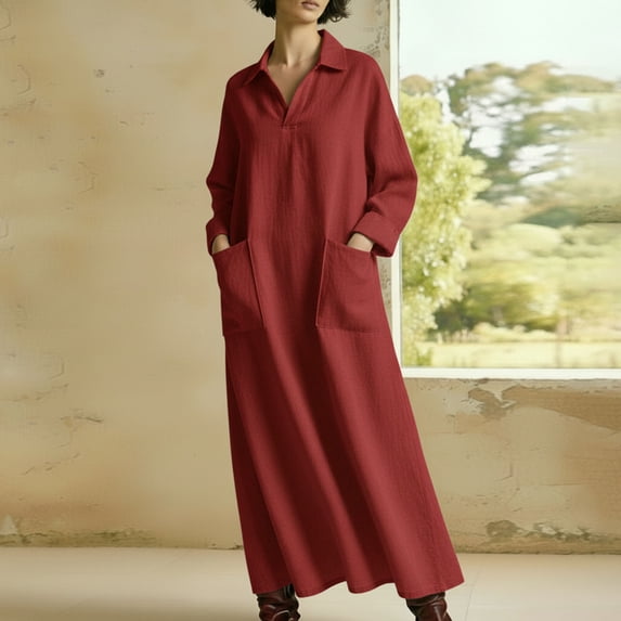 Gamivast Shirt Dress for Women Long Sleeve Lapel Maxi Dress Loose Fit House Dress Button Down Dual Pockets Casual Autumn Spring Work Office Wear