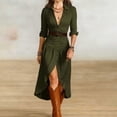 thumbnail image 1 of Gamivast Shirt Dresses for Women V-Neck Long Sleeve Button Down Midi Dress With Belt Ruched Detail Casual Style A-Line Daily Fashion Outfits Wear Style, 1 of 6