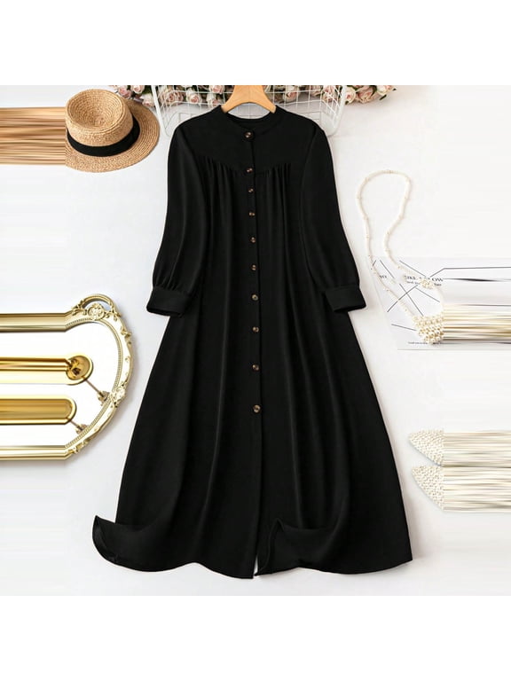 Shirt Dresses for Women Button Down Long Sleeve Pleated Casual Dresses Loose Modest Dresses Solid Flowy A Line Maxi Work Church Daily Fall