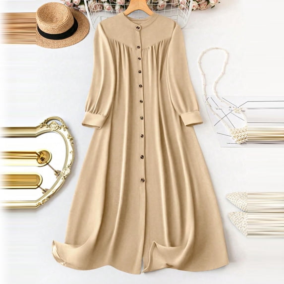Gamivast Shirt Dresses for Women Button Down Long Sleeve Pleated Casual Dresses Loose Modest Dresses Solid Flowy A Line Maxi Work Church Daily Fall
