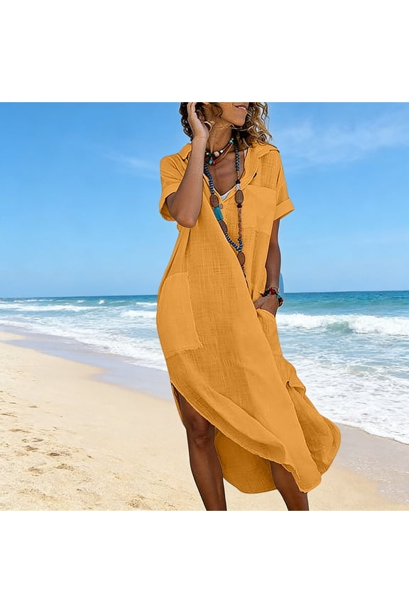 Shirt Dresses for Women Collared V-Neck Short Sleeve Vacation Dress Flowy Maxi Dresses Solid Button Decor Pockets Summer Beach Casual