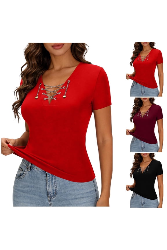 Shirts for Women Short Sleeve V Neck Slim Fit Lace Up Chain Front Stretchy Tops Going out Casual Club Tees Date Night Party Wear