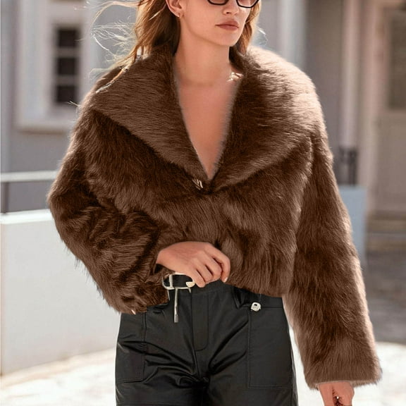 Gamivast Short Faux Fur Jackets for Women Loose Open Front Long Sleeve Fuzzy Coats Warm Thermal Solid Color Fleece Outerwear Winter Clothes for Cold Weather