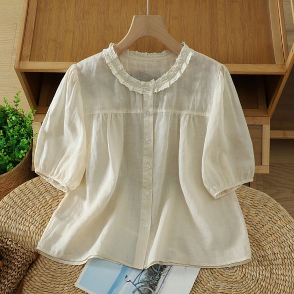 Gamivast Short Puff Sleeve Shirts for Women Ruffle Neck Button Down Blouses Casual Loose Fit Flowy Peplum Tops Summer Elegant Babydoll Tunic Tees for Women Beige M