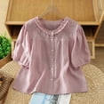 thumbnail image 1 of Gamivast Short Puff Sleeve Shirts for Women Ruffle Neck Button Down Blouses Casual Loose Fit Flowy Peplum Tops Summer Elegant Babydoll Tunic Tees for Women Pink XL, 1 of 7