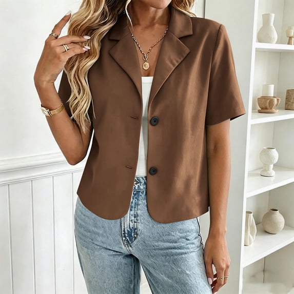 Gamivast Short Sleeve Blazer for Women Casual Notch Lapel Button Down Suit Jacket Work Office Business Professional Cardigan Lightweight Outerwear Dressy Tops Coffee S