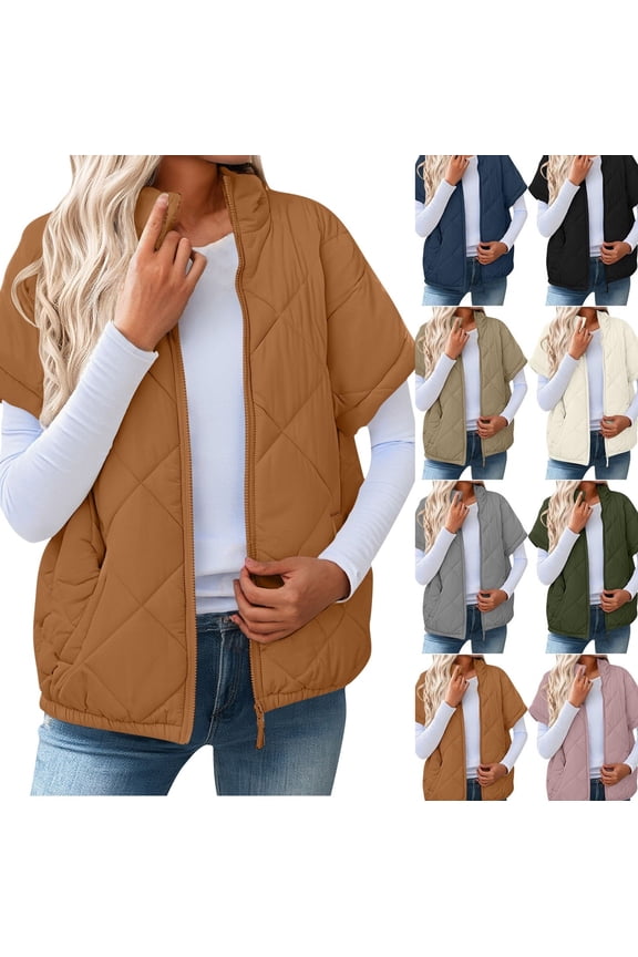 Short Sleeve Quilted Vest for Women Lightweight Fall Zip Stand Collar Padded Jackets with Pockets Work Casual Elastic Hem Coats Loose Basic Solid Color Outerwear