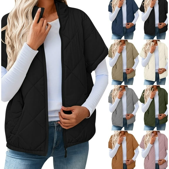 Gamivast Short Sleeve Quilted Vest for Women Lightweight Fall Zip Stand Collar Padded Jackets with Pockets Work Casual Elastic Hem Coats Loose Basic Solid Color Outerwear