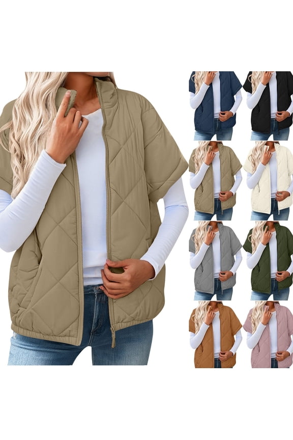 Short Sleeve Quilted Vest for Women Lightweight Fall Zip Stand Collar Padded Jackets with Pockets Work Casual Elastic Hem Coats Loose Basic Solid Color Outerwear