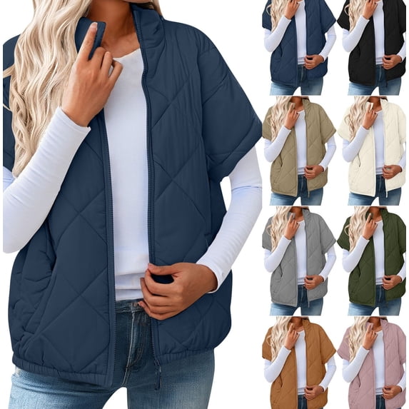 Gamivast Short Sleeve Quilted Vest for Women Lightweight Fall Zip Stand Collar Padded Jackets with Pockets Work Casual Elastic Hem Coats Loose Basic Solid Color Outerwear