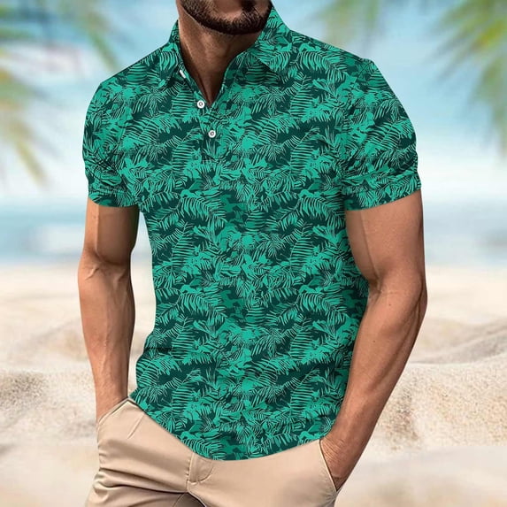 Gamivast Short Sleeve Shirts for Men Botanical Leaf Pattern Muscle Shirts Slim Fit Lapel Collar Casual Shirts Button Placket Business Golf Daily