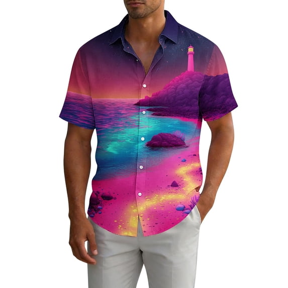 Gamivast Short Sleeve Shirts for Men Tropical Leaf Print Button Down Shirts Lapel Collar Standard Fit Aloha Shirts Summer Beach Holiday Camp